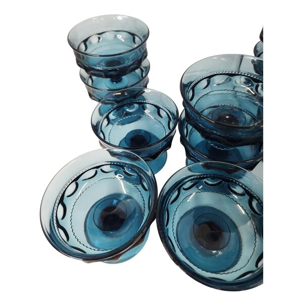 Tiffin Glass Smoky blue Kings Crown Other - Tiffin Glass teal blue Kings Crown, Thumbprint pattern Vintage Blue  Dessert Dis
